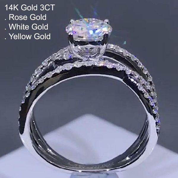 cluster rings 14k white gold 3 moissanite diamond ring women intersect cross laps wedding party engagement anniversary d color, Golden;silver